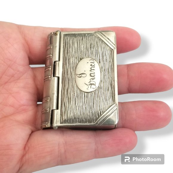 Antique 19th c. Silver Plated Book Vesta Case Pendant Engraved - Picture 3 of 13